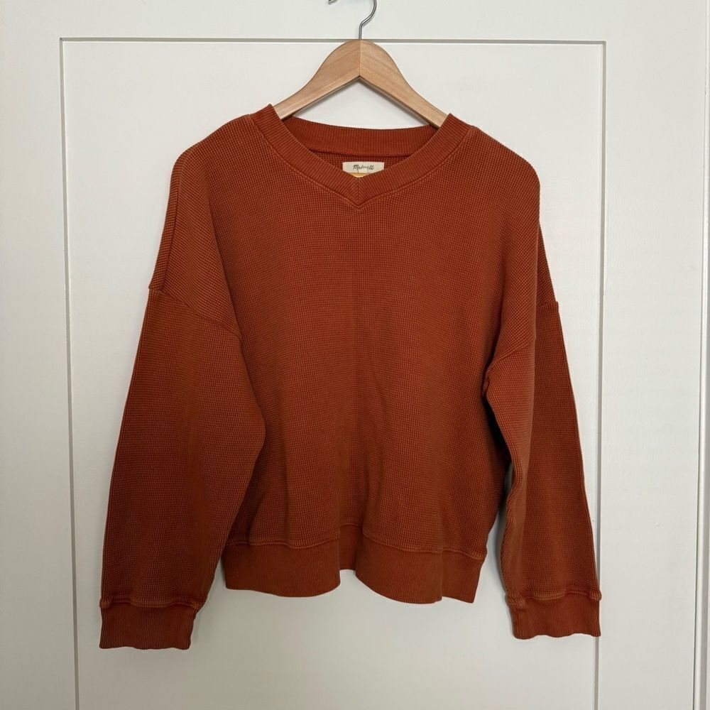 Madewell Top Sweater Womens Sz XL Orange Waffle Knit V Neck Cropped Long Sleeve